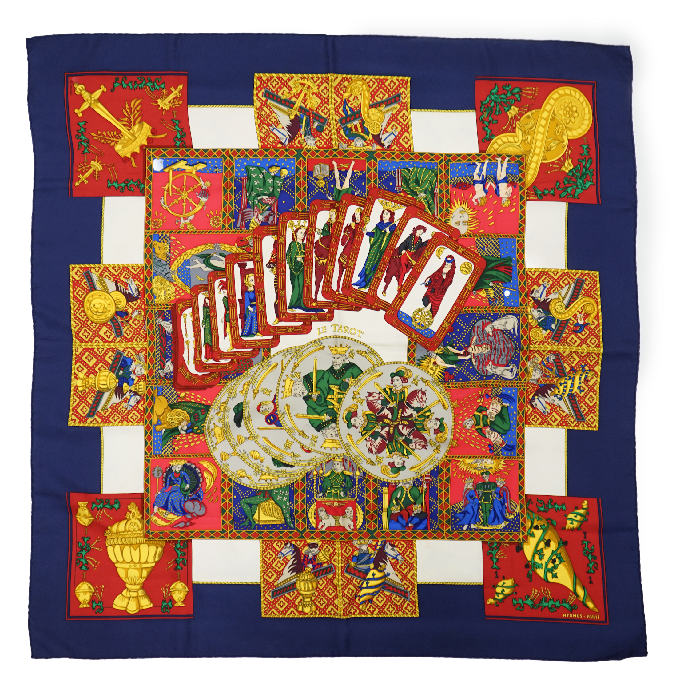 A Hermès Le Tarot silk scarf designed by Annie Faivre in 1991, 90cm x 90cm